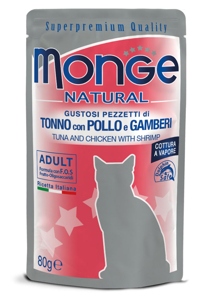 Monge Natural Pezzetti di Tonno con Pollo e Gamberi per Gatti Adulti - 80gr Monge Natural Pezzetti di Tonno con Pollo e Gamberi per Gatti Adulti - 80gr